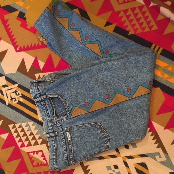 Vtg Designer jeans southwest hand painted Artsy denim tapered stonewash W32 - Picture 9 of 10